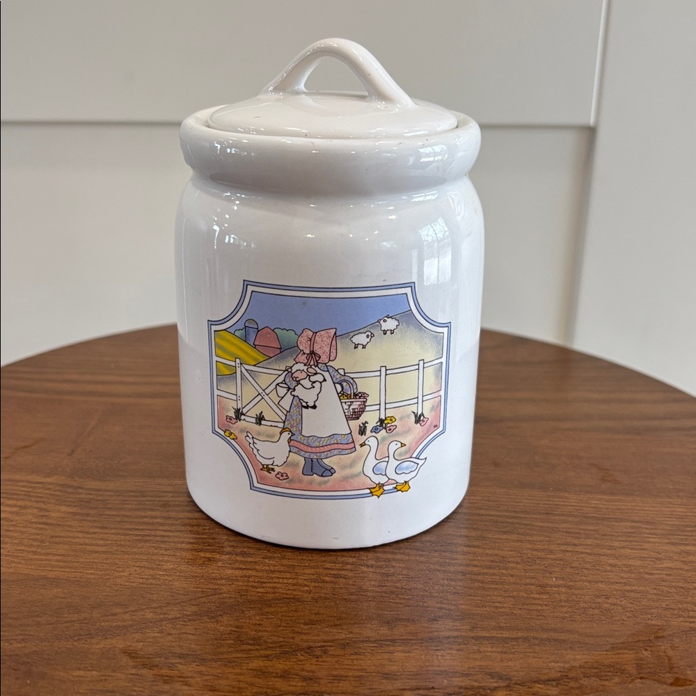 Vintage White Ceramic Canister Jar with Pastel Farmgirl Scene extra small